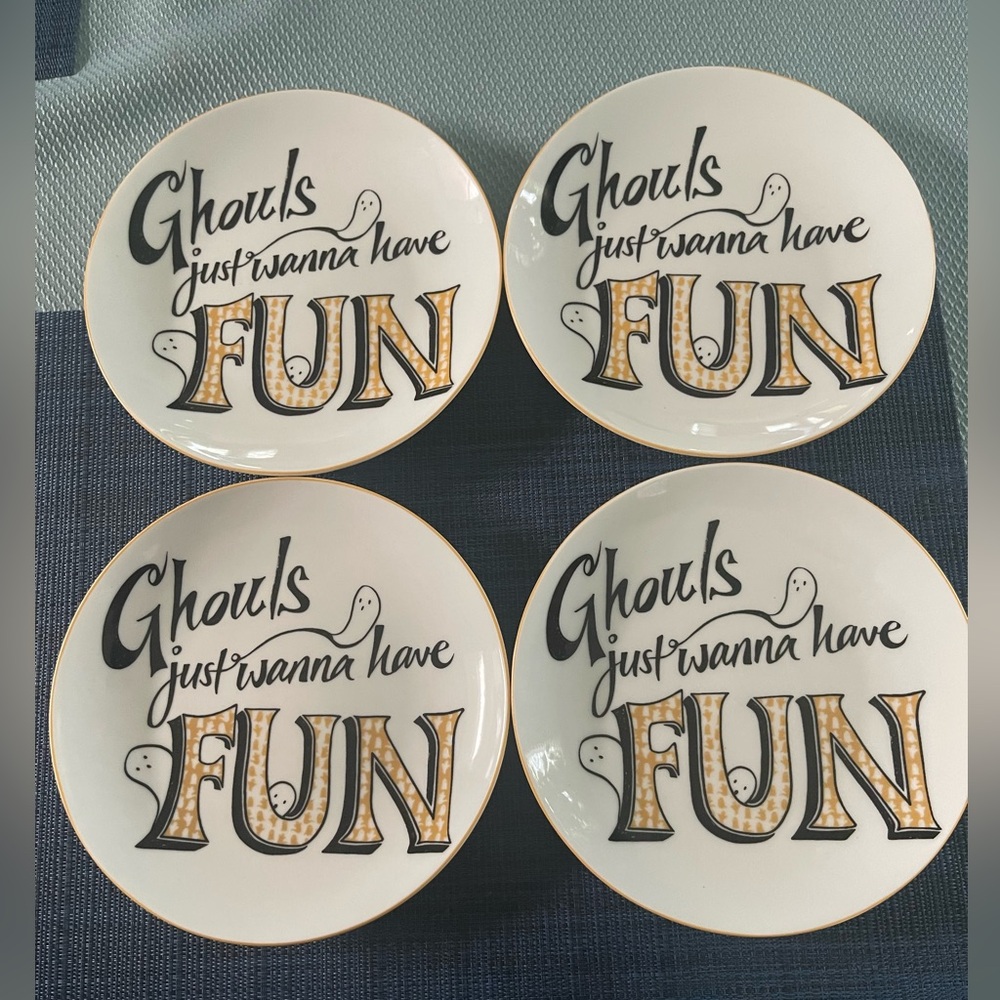 Lot of 4 222 Fifth Halloween Appetizer Plates “Ghouls Just Wanna Have Fun”